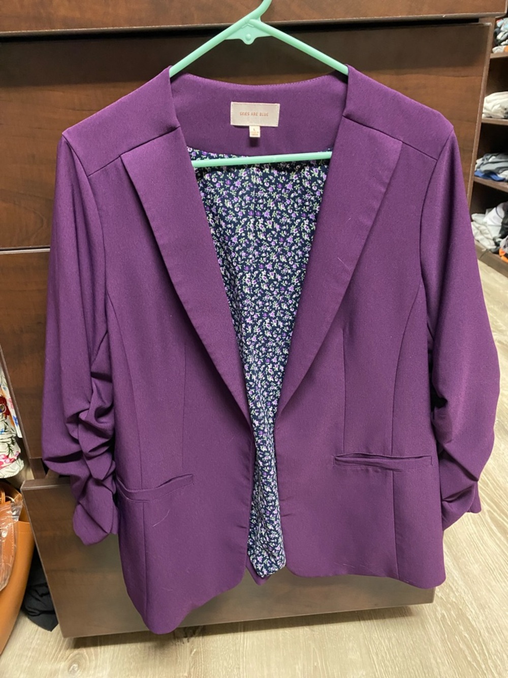 Skies Are Blue Purple Open-Front Blazer with Floral Lining